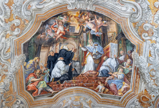 CATANIA, ITALY - APRIL 7, 2018: The vault fresco from live of Saint Benedict in church Chiesa di San Benedetto by Giovanni Tuccari (1667–1743).