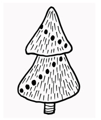 Black and white Christmas tree illustration. Outline drawing.