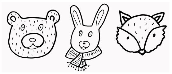 Black and white cute animals: bear, fox, and hare. Outline drawing illustration.
