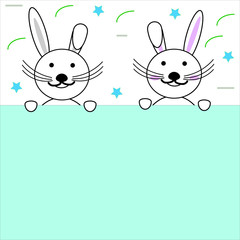 kawaii style bunnies on Memphis background with copy space