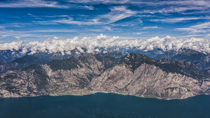 Fototapeta na wymiar Aerial panaromic drone shot view of Lake Garda from Monte Baldo