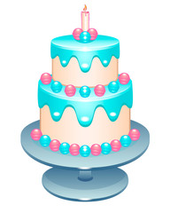 Cake. Two-tier birthday cake with a candle on a stand. Cake decorated with pastry cream, glaze and sweets in pink and blue shades on a silver dish - full color vector illustration.