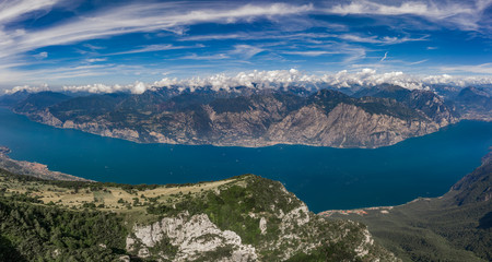 Fototapeta na wymiar Aerial panaromic drone shot view of Lake Garda from Monte Baldo