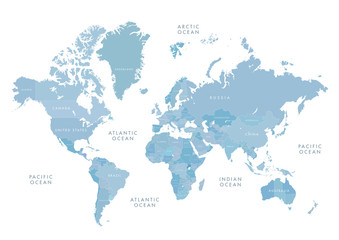 Highly detailed world map with labeling. Blue-gray vector illustration..