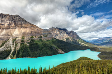 Turquoise Peyto Lake in the Canadian Rocky mountains. Glacier fed lake located on the Icefield parkway, Banff National Park, Alberta, Canada.