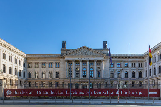 Front view of the office building of German Bundesrat in Berlin, the banner says: 16 Federal States, one result, for Germany, for Europe