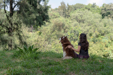Portrait siberian husky dog and girl ​​in the forest