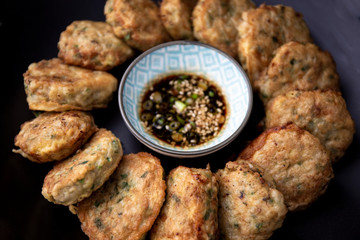 Korean style pan-fried meatballs which is called dong-geulangttaeng in Korea