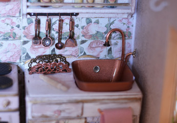Handmade dollhouse for girls, kitchen in lovely light and wood