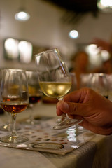 Sherry wine tasting, selection of different jerez fortified wines from dry to very sweet in glasses, Jerez de la Frontera, Andalusia, Spain