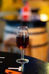 Christmas sherry wine, dry or sweet jerez fortified wine in glasses and street lights, Jerez de la Frontera, Andalusia, Spain