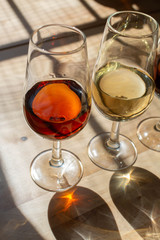 Sherry wine tasting, selection of different jerez fortified wines from dry to very sweet in glasses, Jerez de la Frontera, Andalusia, Spain