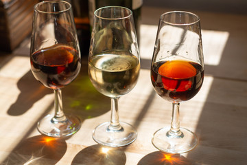 Sherry wine tasting, selection of different jerez fortified wines from dry to very sweet in glasses, Jerez de la Frontera, Andalusia, Spain