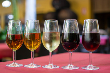 Sherry wine tasting, selection of different jerez fortified wines from dry to very sweet, Jerez de la Frontera, Andalusia, Spain