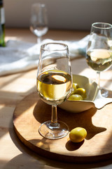 Sherry wine tasting, dry fino, manzanilla or palomino jerez fortified wine in glasses, Jerez de la...