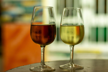 Christmas sherry wine, dry or sweet jerez fortified wine in glasses and street lights, Jerez de la Frontera, Andalusia, Spain