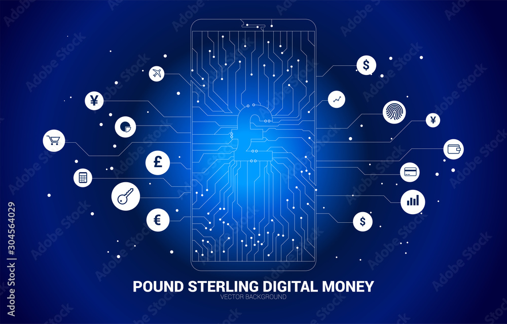 Poster Vector money pound sterling icon in mobile phone screen from dot connect line circuit board style. Concept for digital money and fintech.