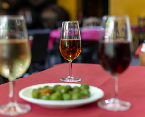 Sherry wine tasting, selection of different jerez fortified wines from dry to very sweet in glasses, Jerez de la Frontera, Andalusia, Spain