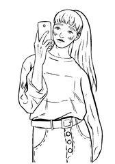 Vector outline illustration. Portrait of girl with long hair making selfie. Pen sketch of a young girl with the smartphone. Black and white hand drawing isolated on white. Vintage engraving style.