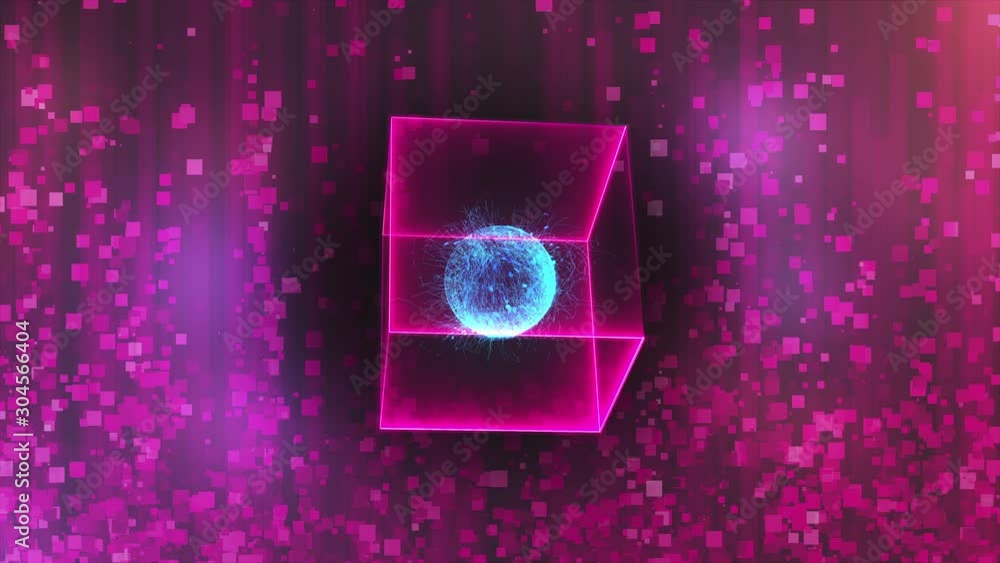 Poster neon cube with data center in zero gravity on an glare abstract background, computer generated 3d re
