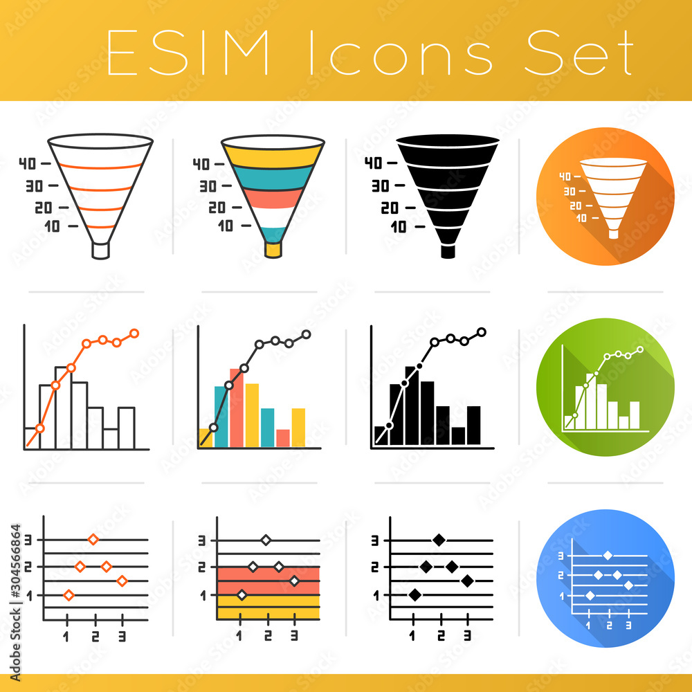 Poster chart and graph icons set. funnel marketing model. conversion plan. pareto curve. point and figure c
