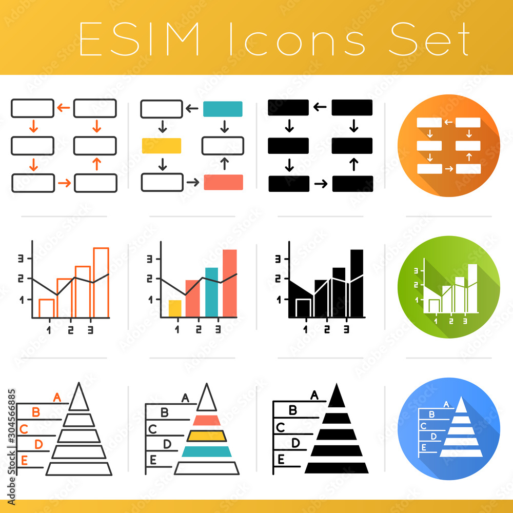 Poster chart and graph icons set. connection and wiring diagram. mixed chart. pyramid hierarchy. business o