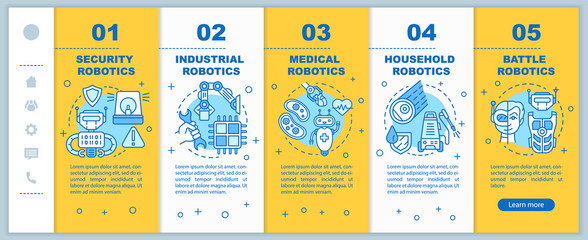Naklejka premium Types robotics onboarding mobile web pages vector template. Cybernetics. Responsive smartphone website interface idea with linear illustrations. Webpage walkthrough step screens. Color concept