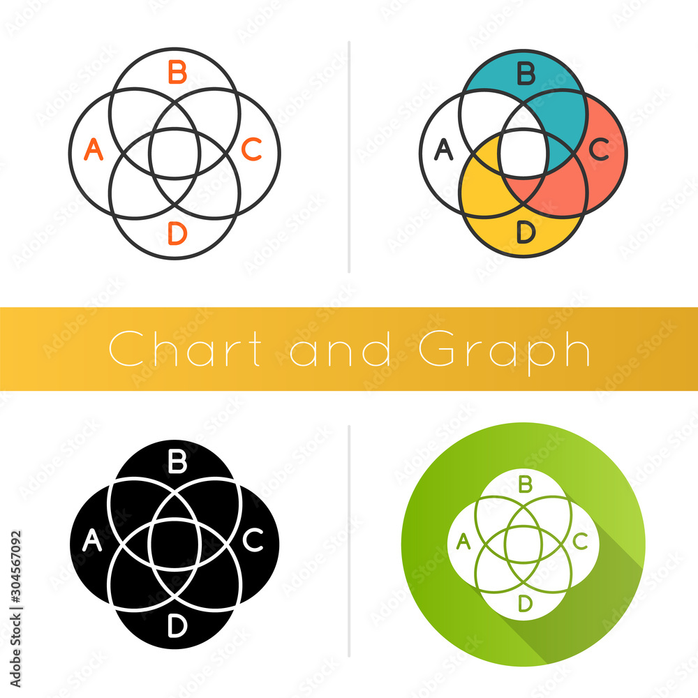 Poster venn diagram icon. round chart with circular segments. overlapping circles. intertwined graph. marke