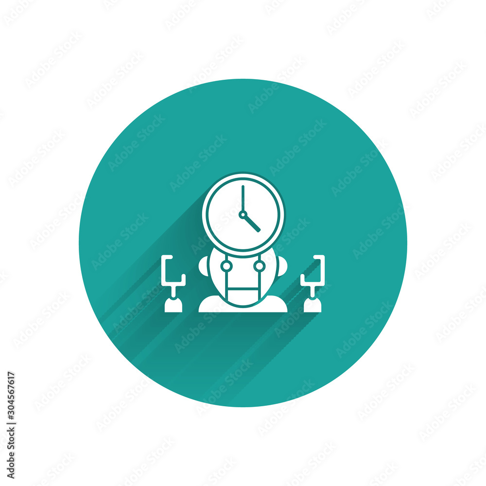 Poster white robot and digital time manager icon isolated with long shadow. time management assistance, wor