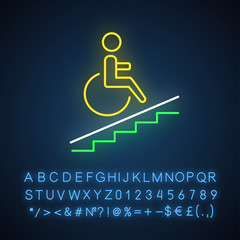 Wheelchair access neon light icon. Accessible to handicap people. Facilities for disabled persons. Wheelchair ramp sign. Glowing sign with alphabet, numbers and symbols. Vector isolated illustration