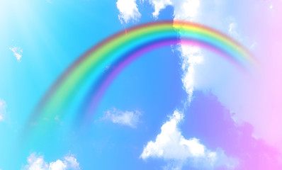 Fototapeta na wymiar Rainbow background and sky with white clouds