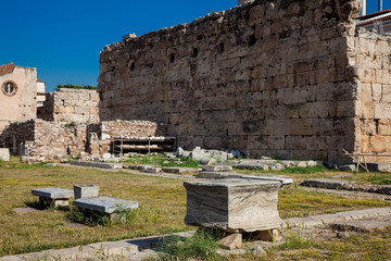 Ruins of the Hadrian Library at the center of the Athens city in Greece