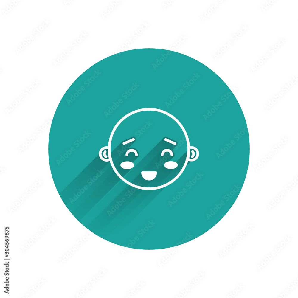 Poster white happy little boy head icon isolated with long shadow. face of baby boy. green circle button. v