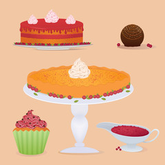 Vector illustration. Set of holiday sweets. Delicious desserts made from best products.