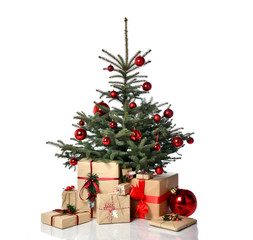 Natural christmas tree decorated with x-mas red patchwork ornament artificial balls craft presents gifts for new year 2020
