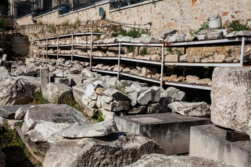 Ruins of the Hadrian Library at the center of the Athens city in Greece