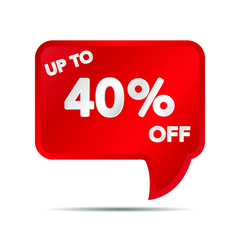 Special offer Sale tag banner. Up to 40 percent off. Red Vector illustration on white background. Shopping object and symbold for discount, flyer, selling, advertising campaign, black friday