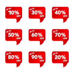 Set of Special offer Sale tag banner. Up to 90 percent  off. Red Vector illustration on white background. Shopping object and symbold for discount, flyer, selling, advertising campaign, black friday