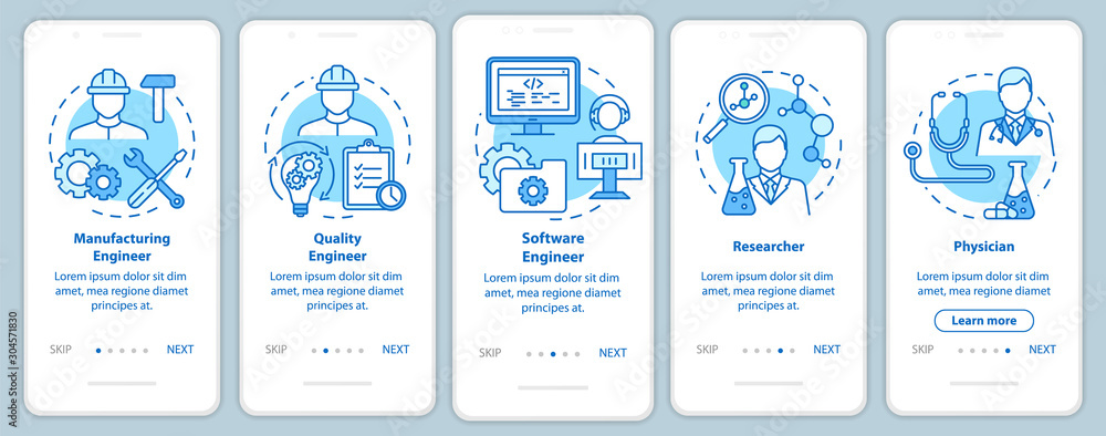 Poster bioengineering jobs onboarding mobile app page screen with linear concepts. five walkthrough steps g