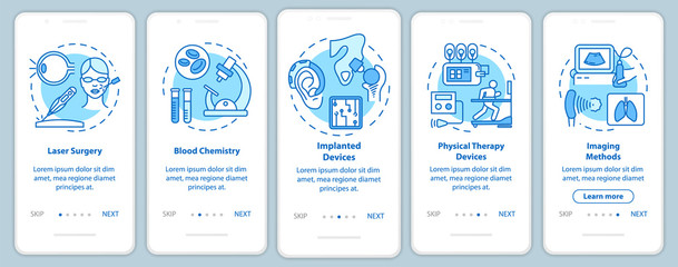 Biomedical engineering onboarding mobile app page screen with linear concepts. Blood chemistry. Five walkthrough steps graphic instructions. Laser surgery. UX, UI, GUI vector template, illustrations