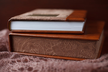 elegant brown book and a box for it. Wedding photobook. Wedding photo album
