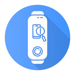 Fitness tracker with smartphone finder blue flat design long shadow glyph icon. Wellness gadget with lost cellphone location identification. Phone with magnifier sign. Vector silhouette illustration