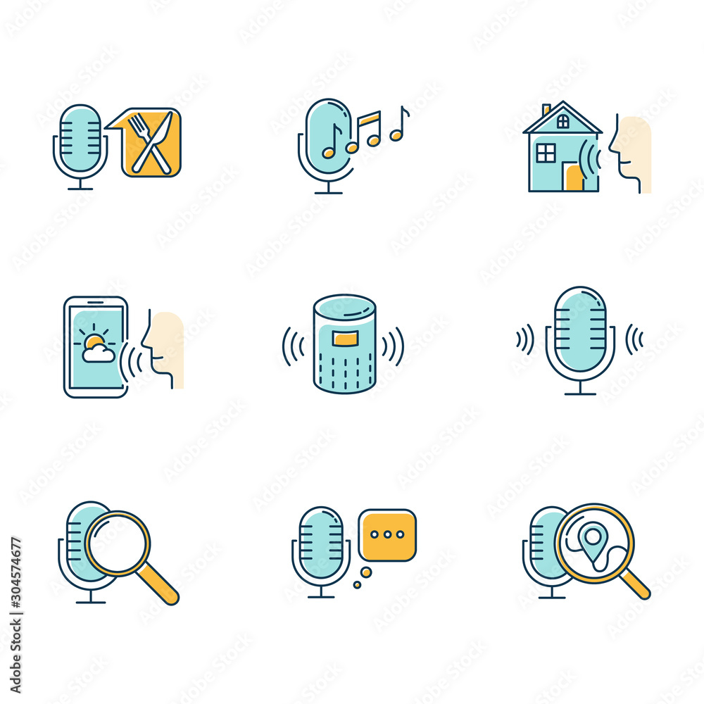 Poster blue voice control system color icons set. sound requests idea. different microphones. music recogni
