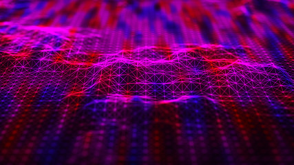 Big data visualization. Technological 3D landscape. Abstract dynamic wave of particles and lines. Wave of gradient dots connectrd by lines on dark background. 3D rendering.