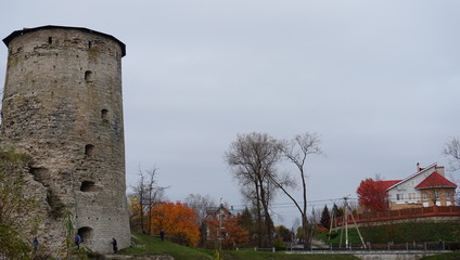 Temples of the Pskov architectural school..The complex of fortifications of Okolny city,.The rattle tower.