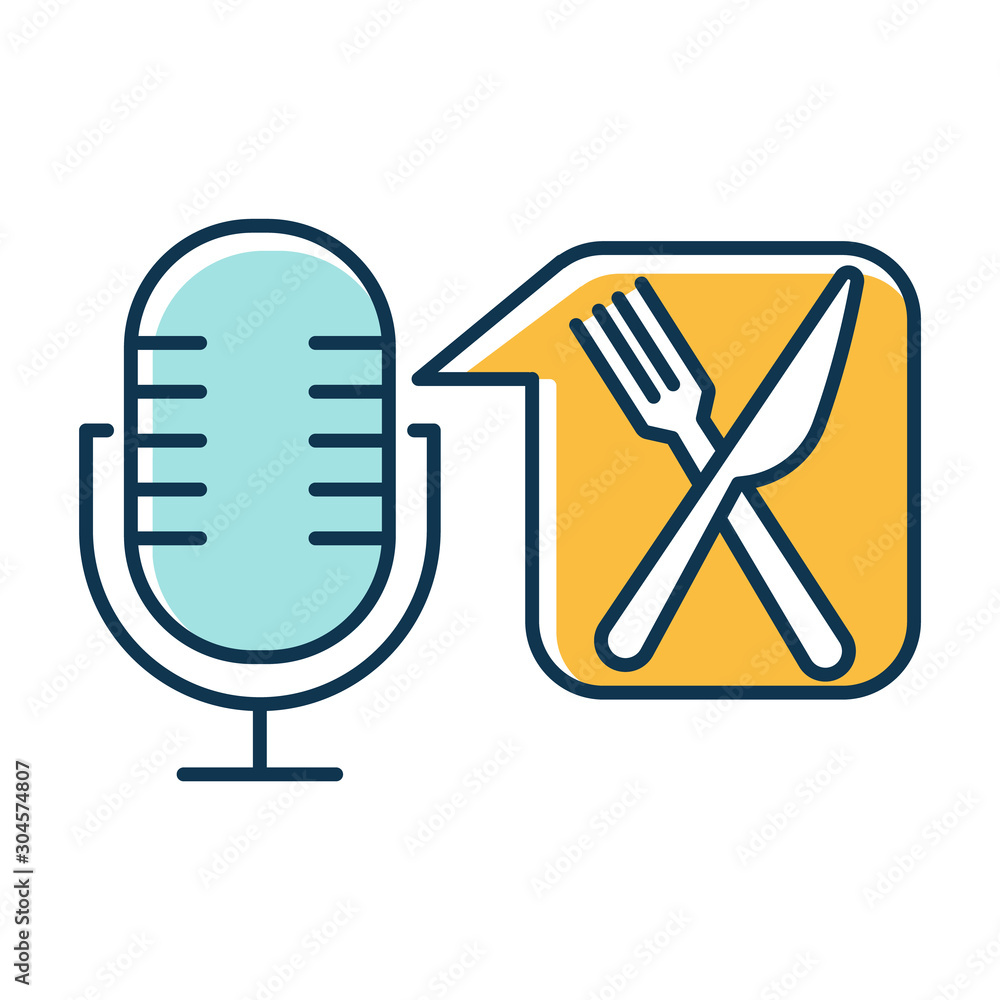 Poster blue food ordering command color icon. voice control application idea. restaurant searching. portabl