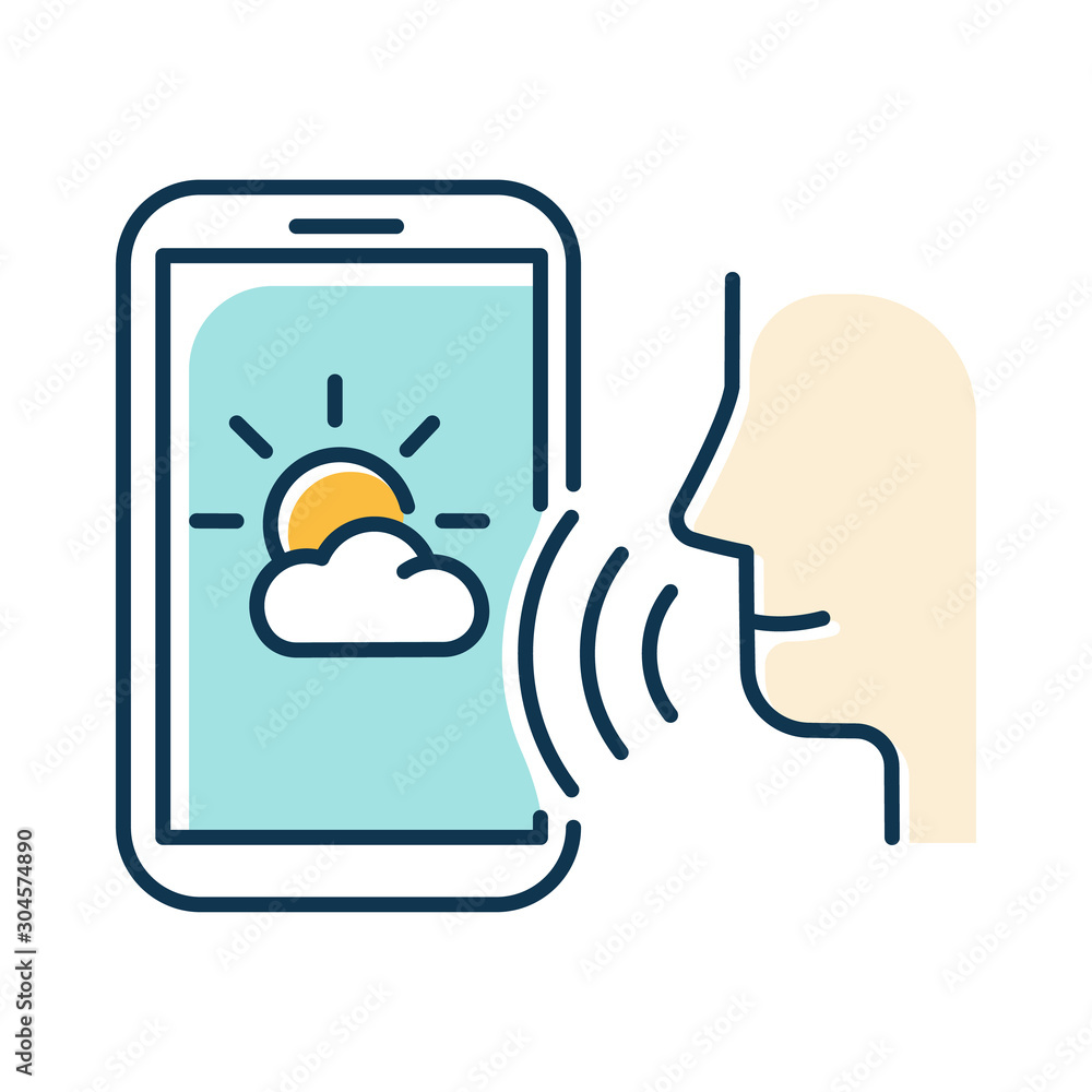 Poster blue weather forecast voice search color icon. smartphone sound command idea. meteorology app, mobil
