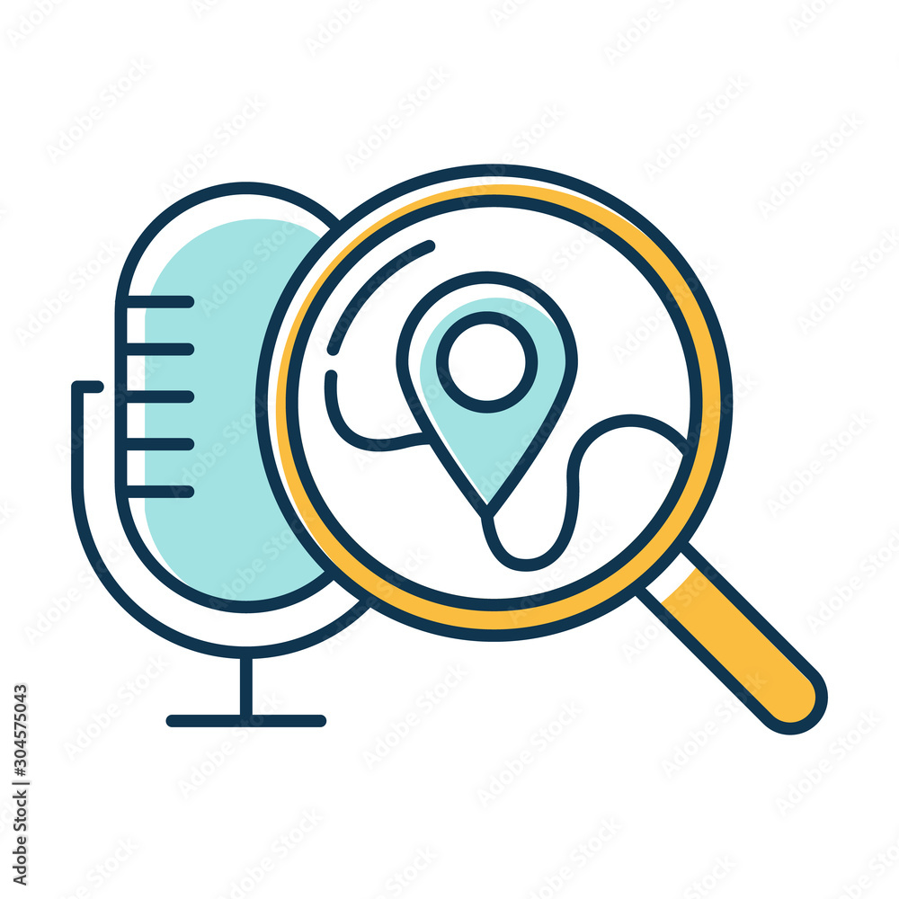 Poster blue geolocation voice request color icon. location search idea. sound control, microphone command, 