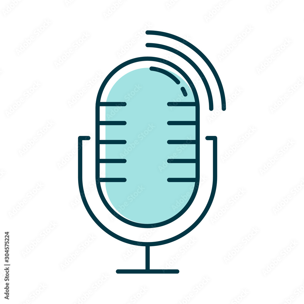 Poster blue dynamic microphone color icon. mike recording sound idea. portable voice recorder. wireless mus