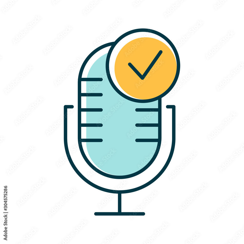 Poster blue microphone installation color icon. sound recorder connected idea. successful connection. voice